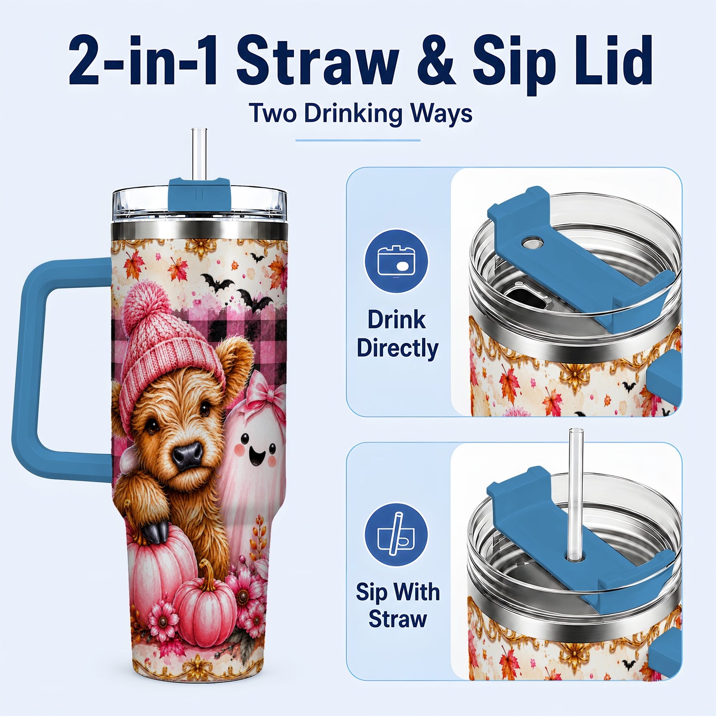 #pl[40oz|Blue] Highland Cow 40oz Tumbler with Handle, Fall Stainless Steel Travel Cup