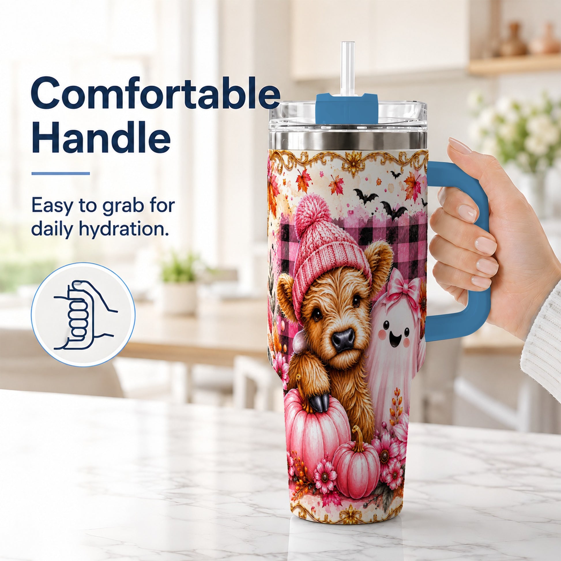 #pl[40oz|Blue] Highland Cow 40oz Tumbler with Handle, Fall Stainless Steel Travel Cup