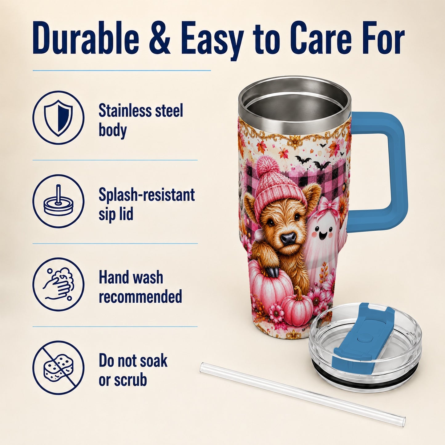 #pl[40oz|Blue] Highland Cow 40oz Tumbler with Handle, Fall Stainless Steel Travel Cup