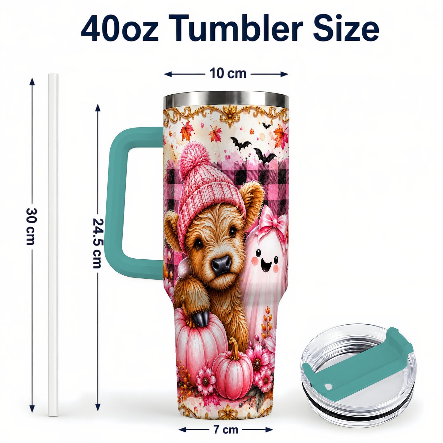 #pl[40oz|Green] Highland Cow 40oz Tumbler with Handle, Fall Stainless Steel Travel Cup