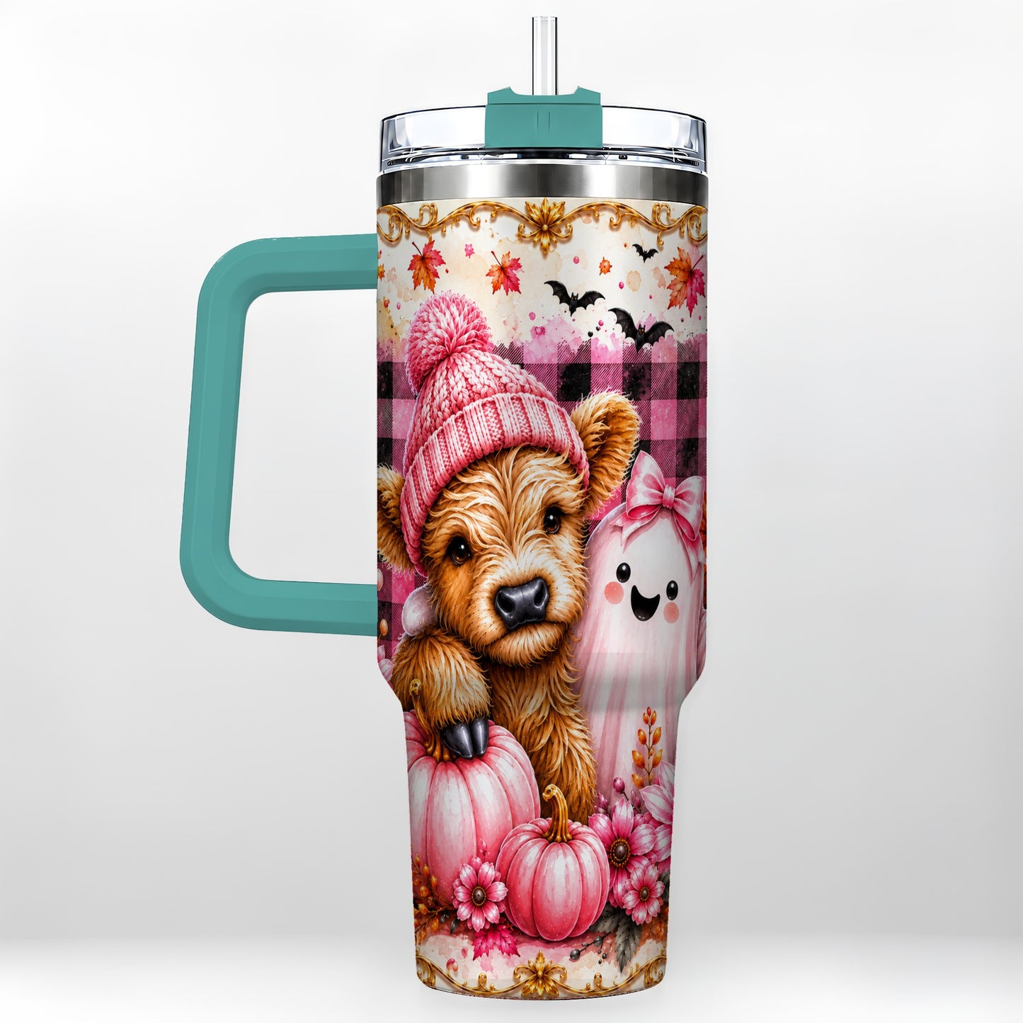 #pl[40oz|Green] Highland Cow 40oz Tumbler with Handle, Fall Stainless Steel Travel Cup
