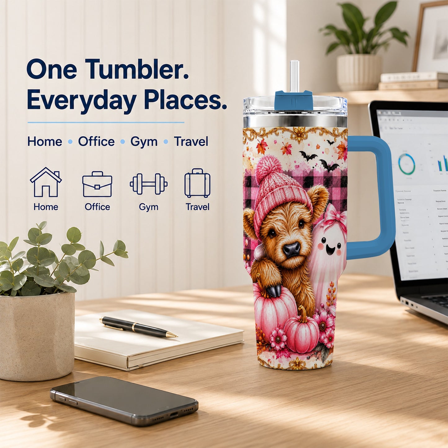 #pl[40oz|Blue] Highland Cow 40oz Tumbler with Handle, Fall Stainless Steel Travel Cup