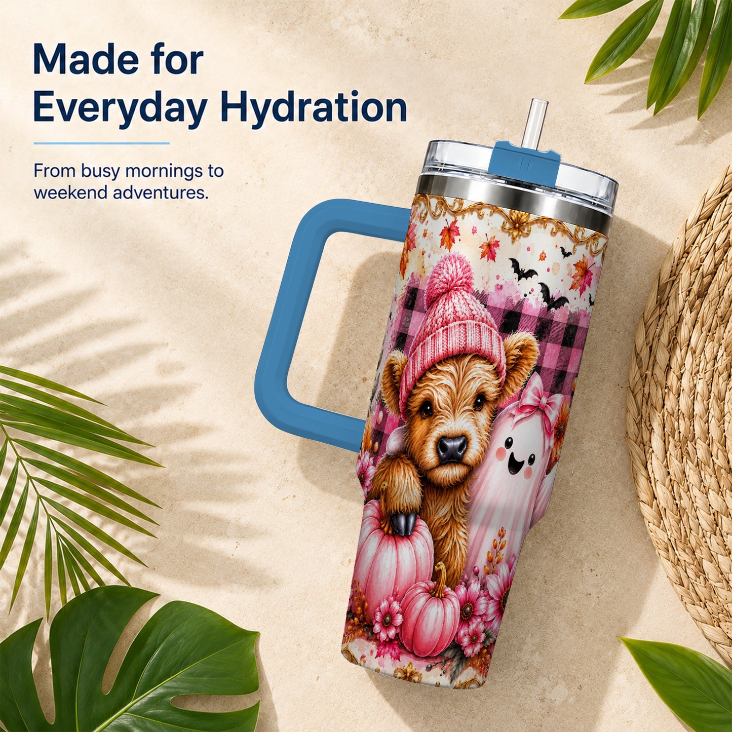 #pl[40oz|Blue] Highland Cow 40oz Tumbler with Handle, Fall Stainless Steel Travel Cup