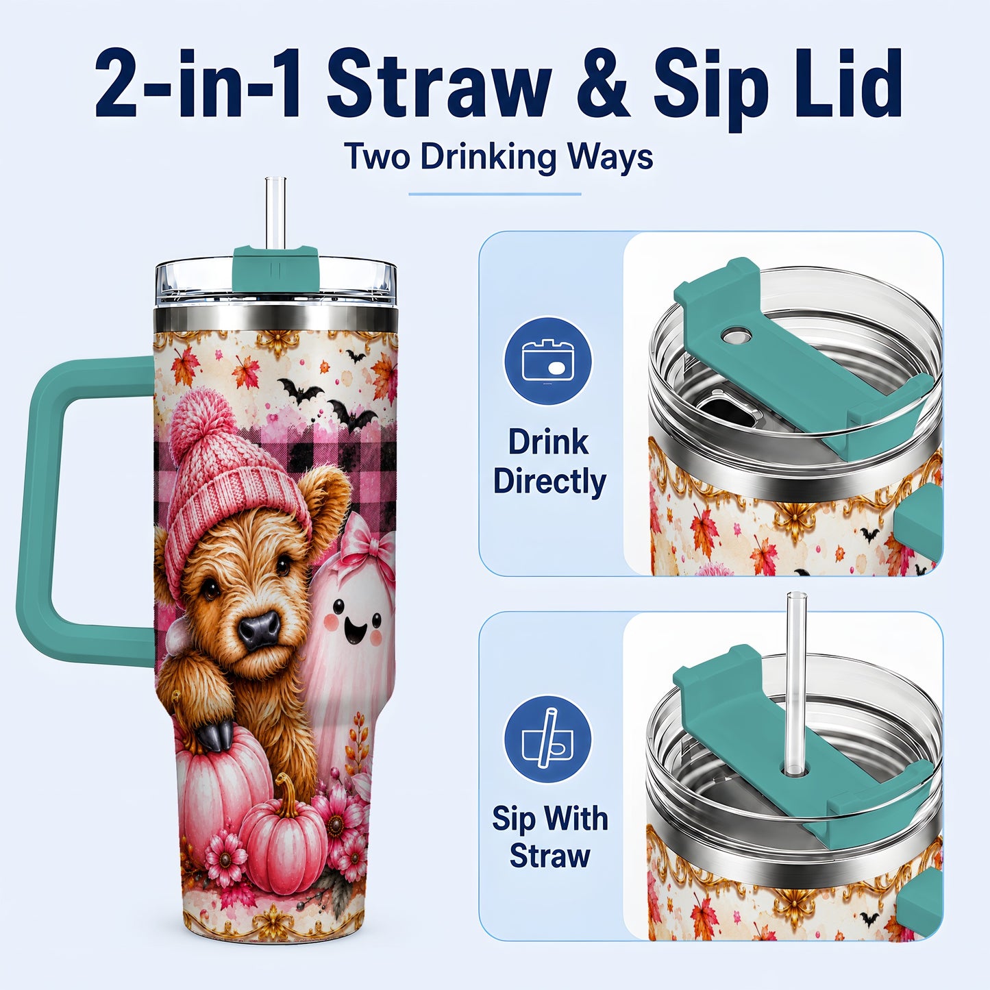 #pl[40oz|Green] Highland Cow 40oz Tumbler with Handle, Fall Stainless Steel Travel Cup