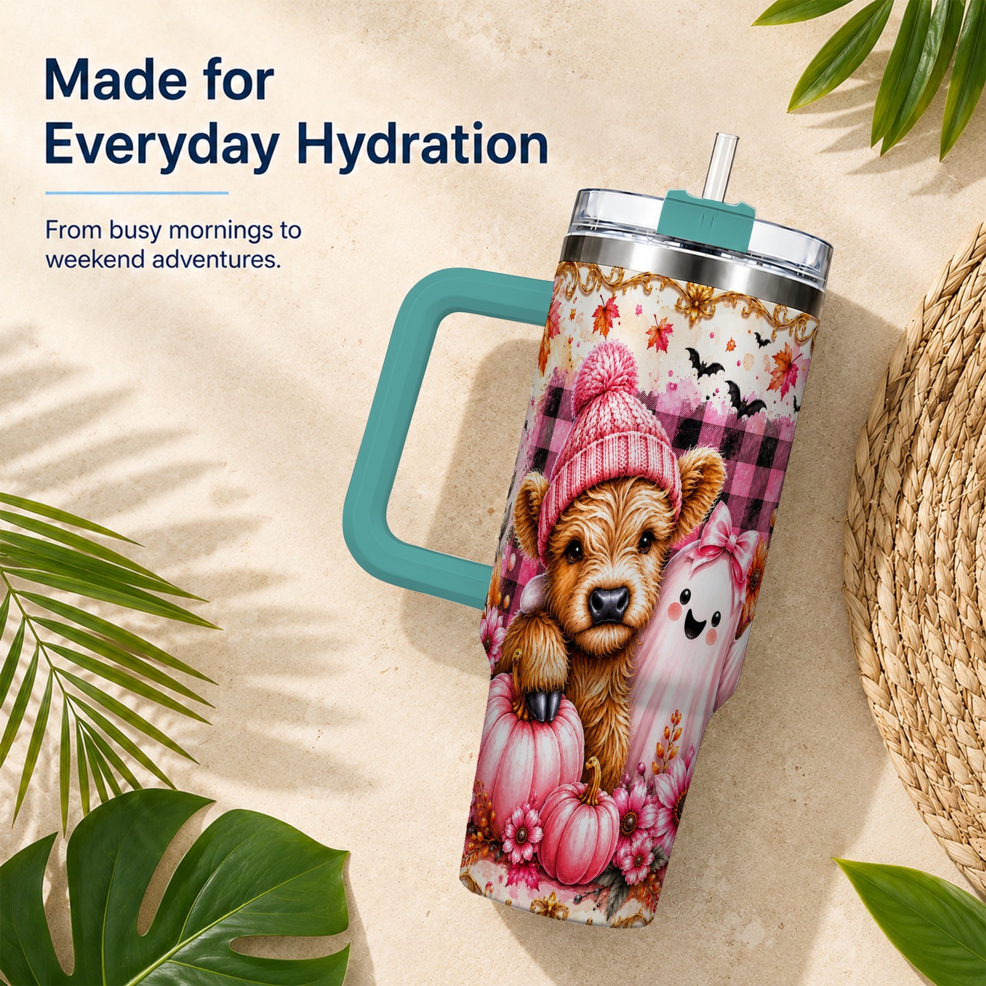 #pl[40oz|Green] Highland Cow 40oz Tumbler with Handle, Fall Stainless Steel Travel Cup