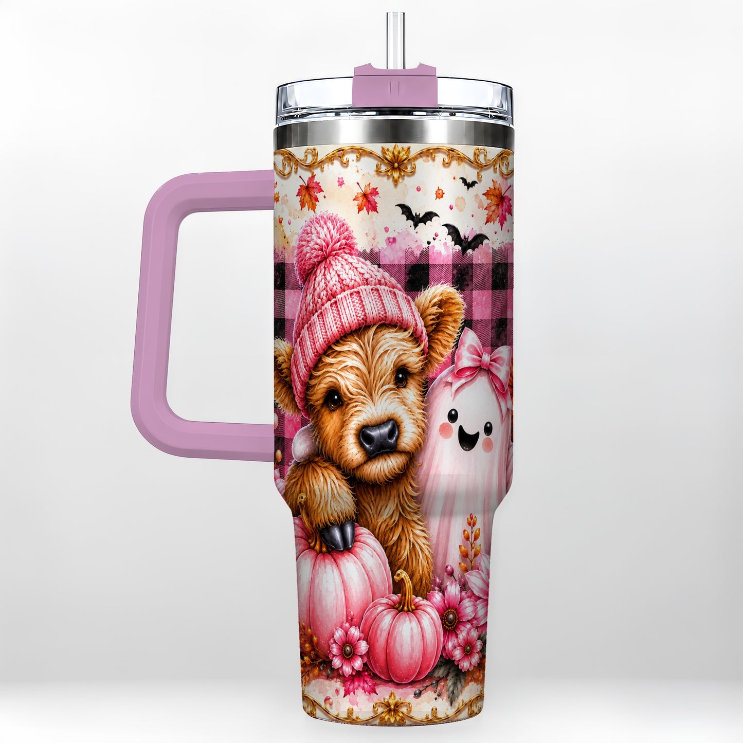 #pl[40oz|Pink] Highland Cow 40oz Tumbler with Handle, Fall Stainless Steel Travel Cup