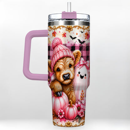 #pl[40oz|Pink] Highland Cow 40oz Tumbler with Handle, Fall Stainless Steel Travel Cup