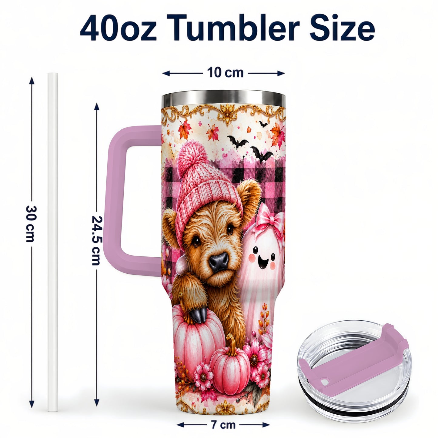 #pl[40oz|Pink] Highland Cow 40oz Tumbler with Handle, Fall Stainless Steel Travel Cup