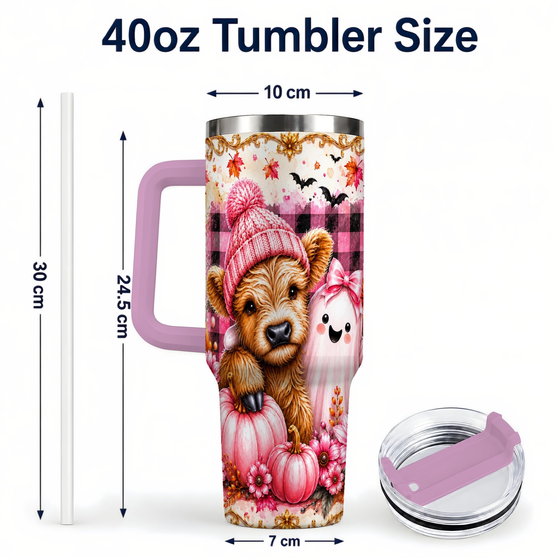 #pl[40oz|Pink] Highland Cow 40oz Tumbler with Handle, Fall Stainless Steel Travel Cup