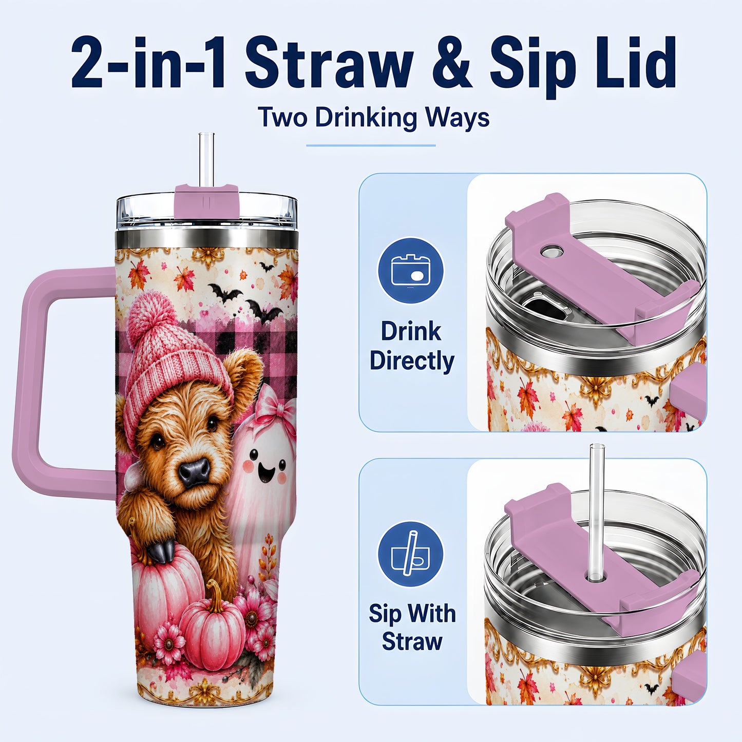 #pl[40oz|Pink] Highland Cow 40oz Tumbler with Handle, Fall Stainless Steel Travel Cup