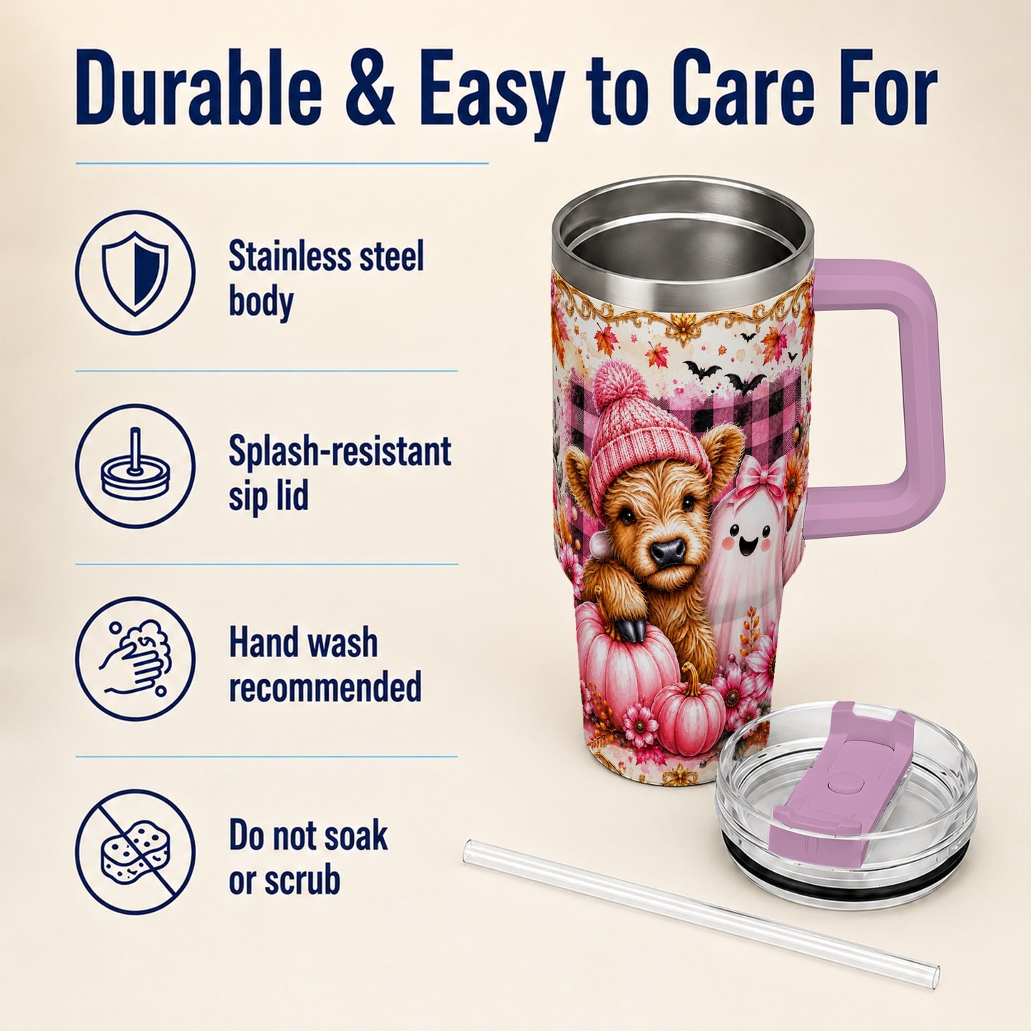 #pl[40oz|Pink] Highland Cow 40oz Tumbler with Handle, Fall Stainless Steel Travel Cup