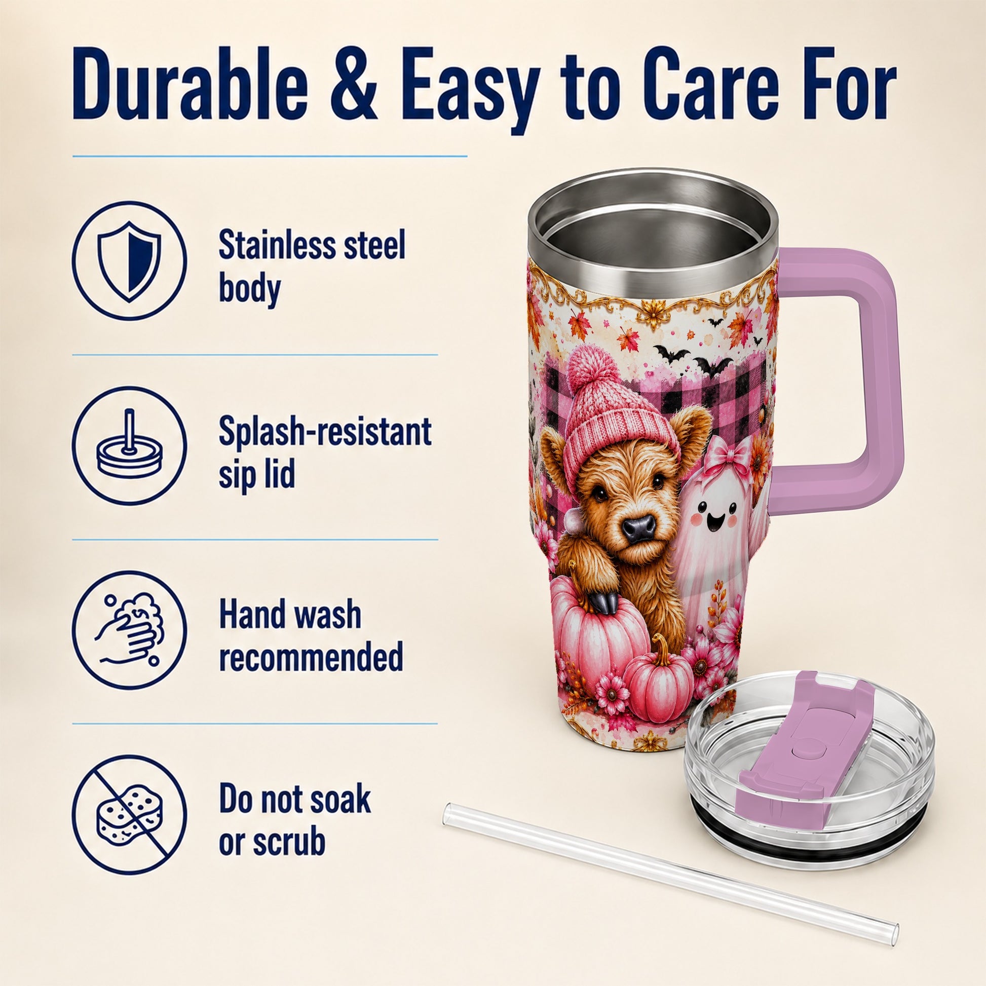 #pl[40oz|Pink] Highland Cow 40oz Tumbler with Handle, Fall Stainless Steel Travel Cup
