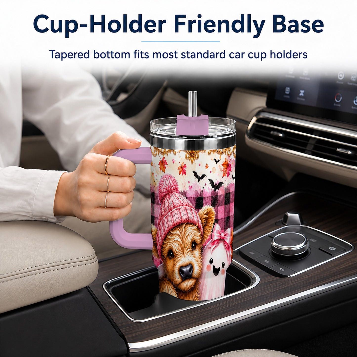 #pl[40oz|Pink] Highland Cow 40oz Tumbler with Handle, Fall Stainless Steel Travel Cup