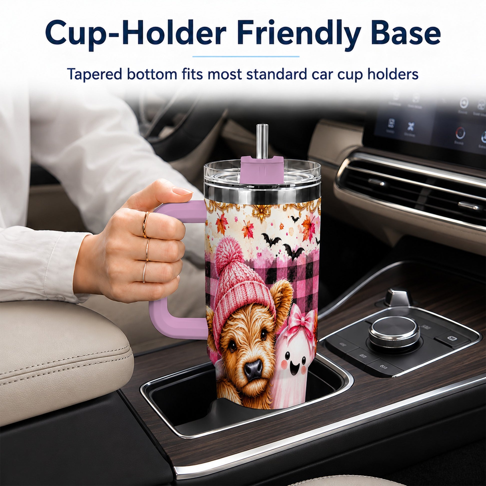 #pl[40oz|Pink] Highland Cow 40oz Tumbler with Handle, Fall Stainless Steel Travel Cup