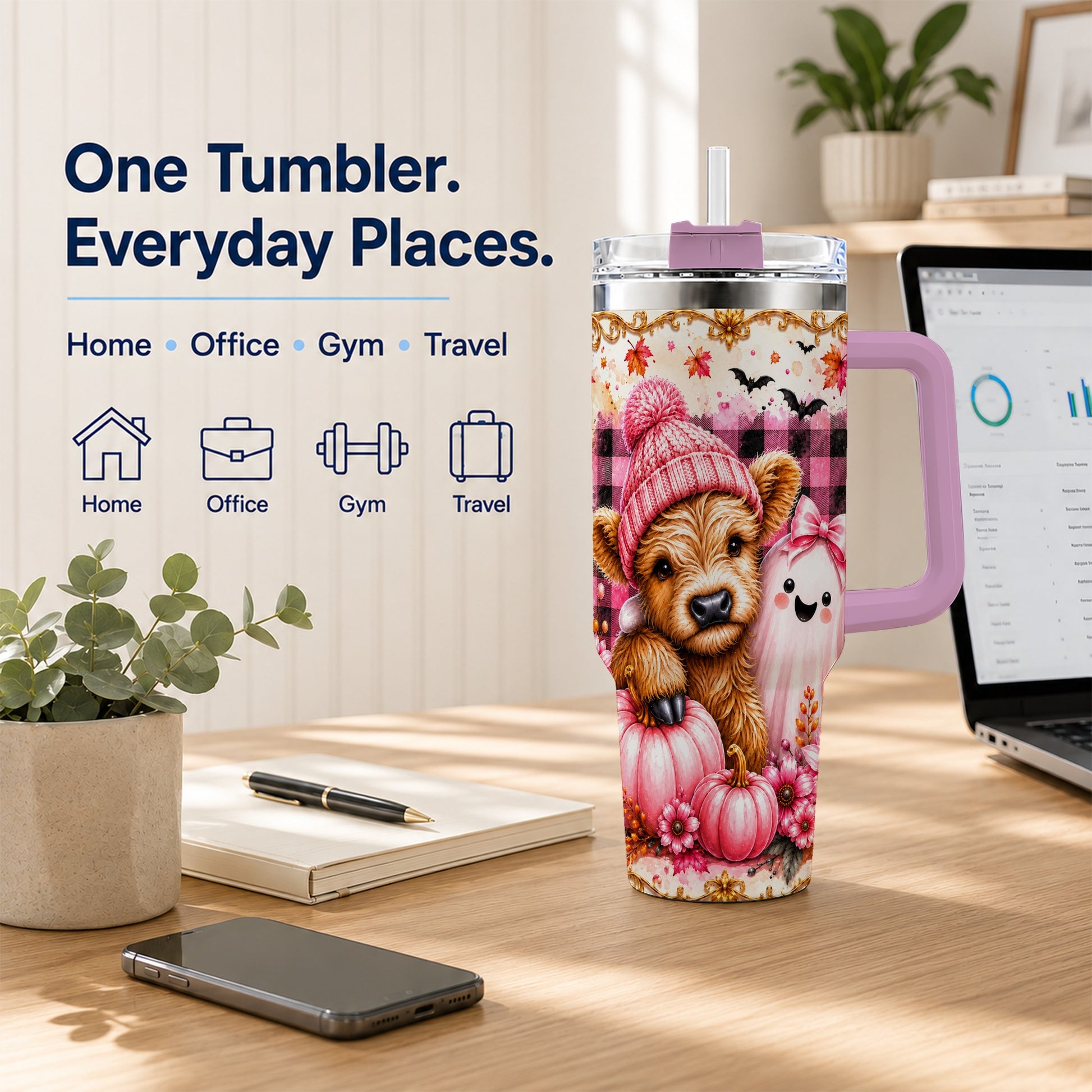 #pl[40oz|Pink] Highland Cow 40oz Tumbler with Handle, Fall Stainless Steel Travel Cup