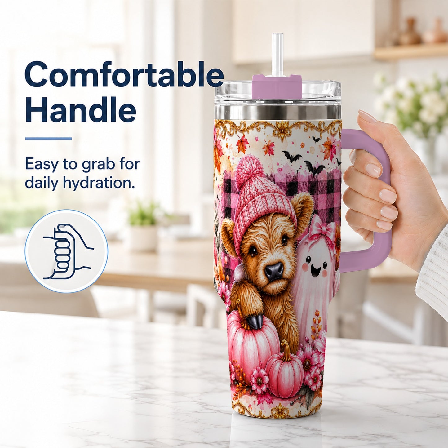 #pl[40oz|Pink] Highland Cow 40oz Tumbler with Handle, Fall Stainless Steel Travel Cup