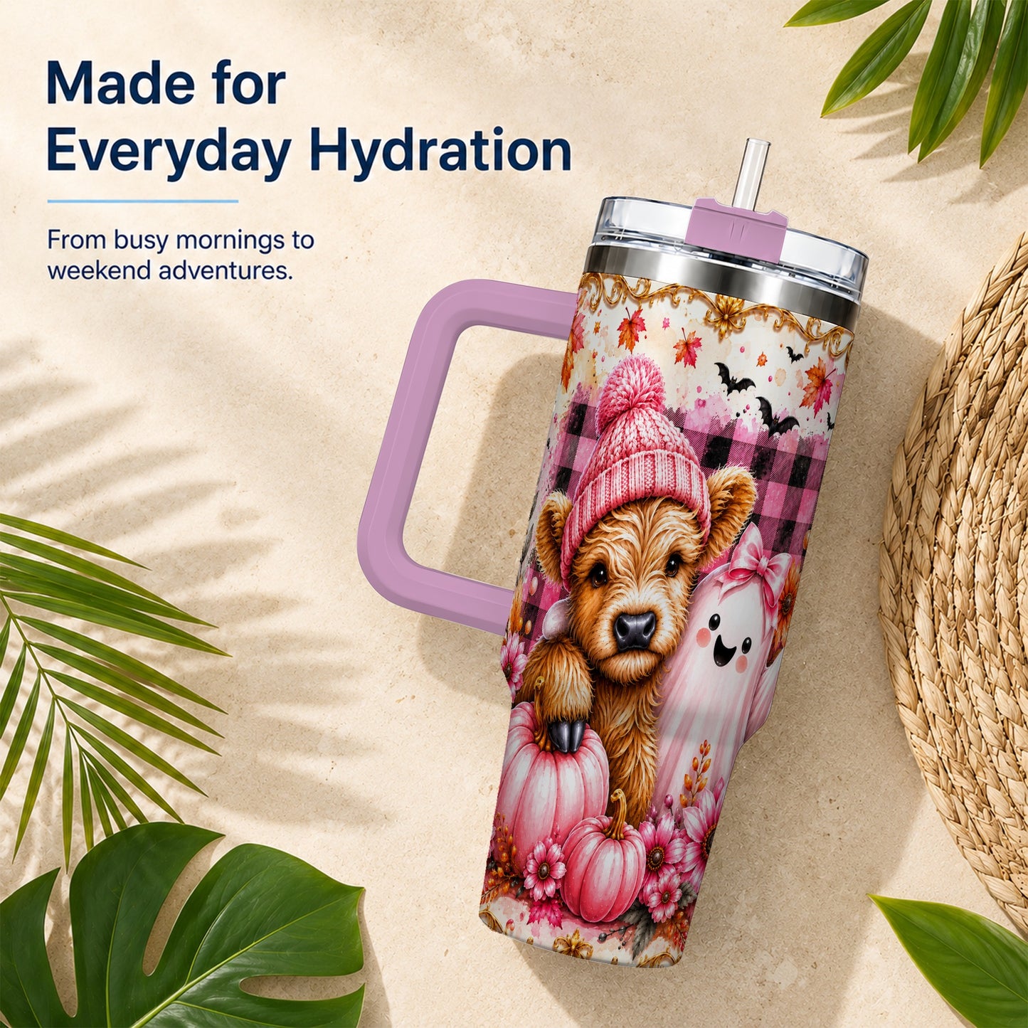 #pl[40oz|Pink] Highland Cow 40oz Tumbler with Handle, Fall Stainless Steel Travel Cup