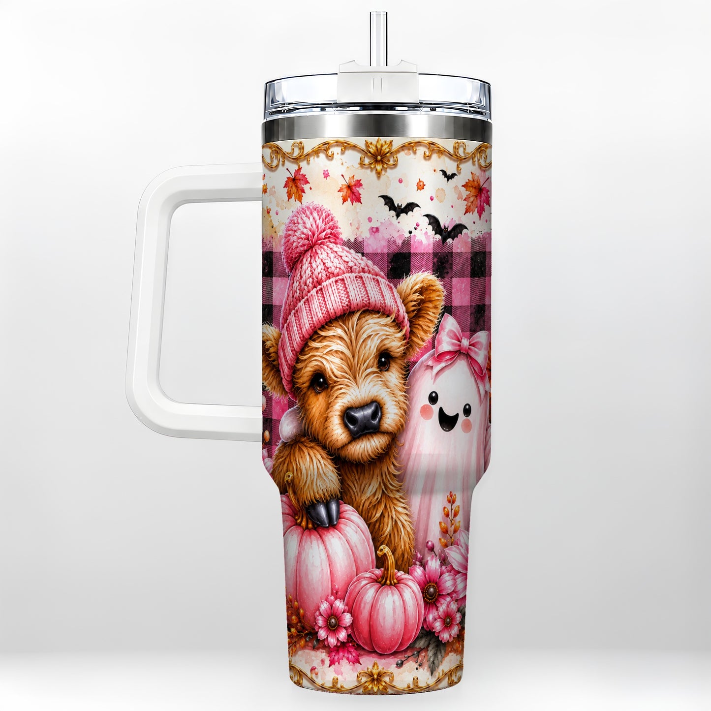 #pl[40oz|White] Highland Cow 40oz Tumbler with Handle, Fall Stainless Steel Travel Cup