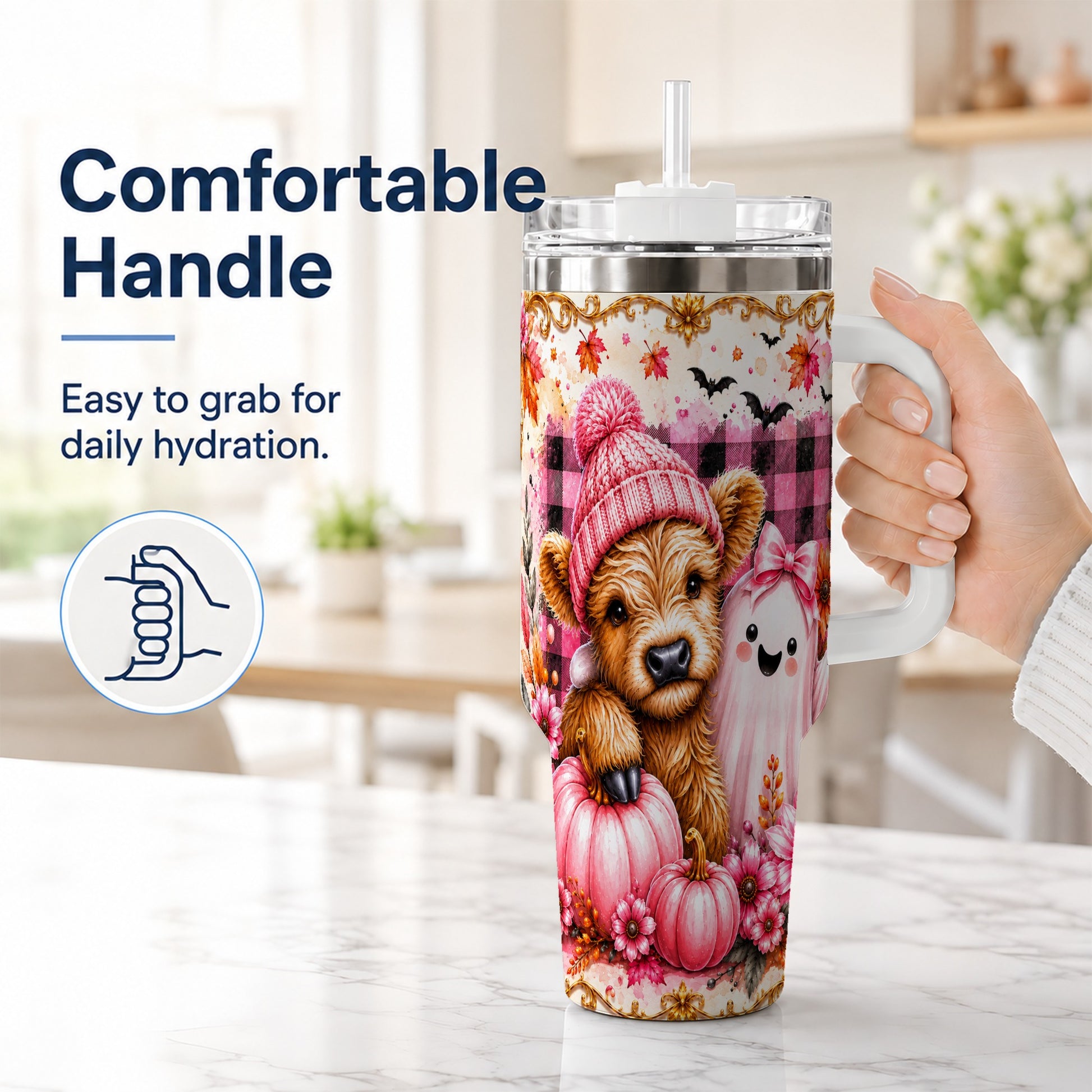 #pl[40oz|White] Highland Cow 40oz Tumbler with Handle, Fall Stainless Steel Travel Cup