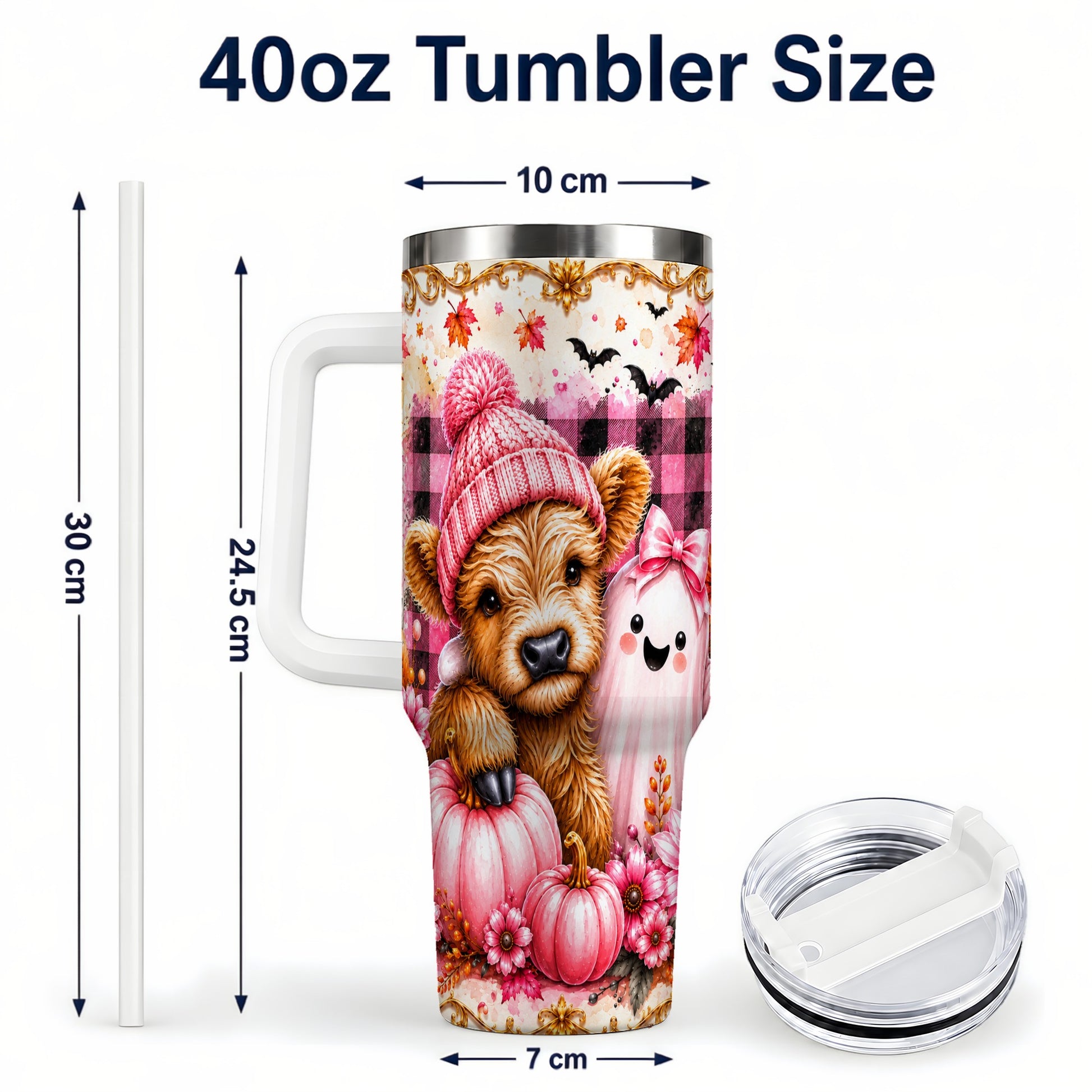 #pl[40oz|White] Highland Cow 40oz Tumbler with Handle, Fall Stainless Steel Travel Cup