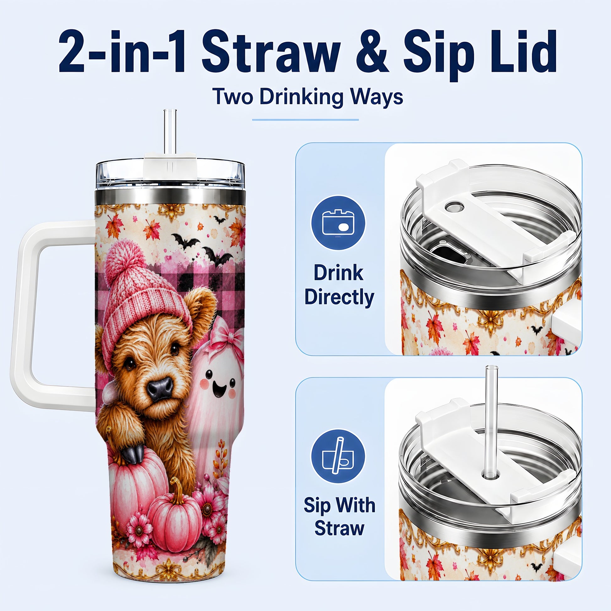 #pl[40oz|White] Highland Cow 40oz Tumbler with Handle, Fall Stainless Steel Travel Cup