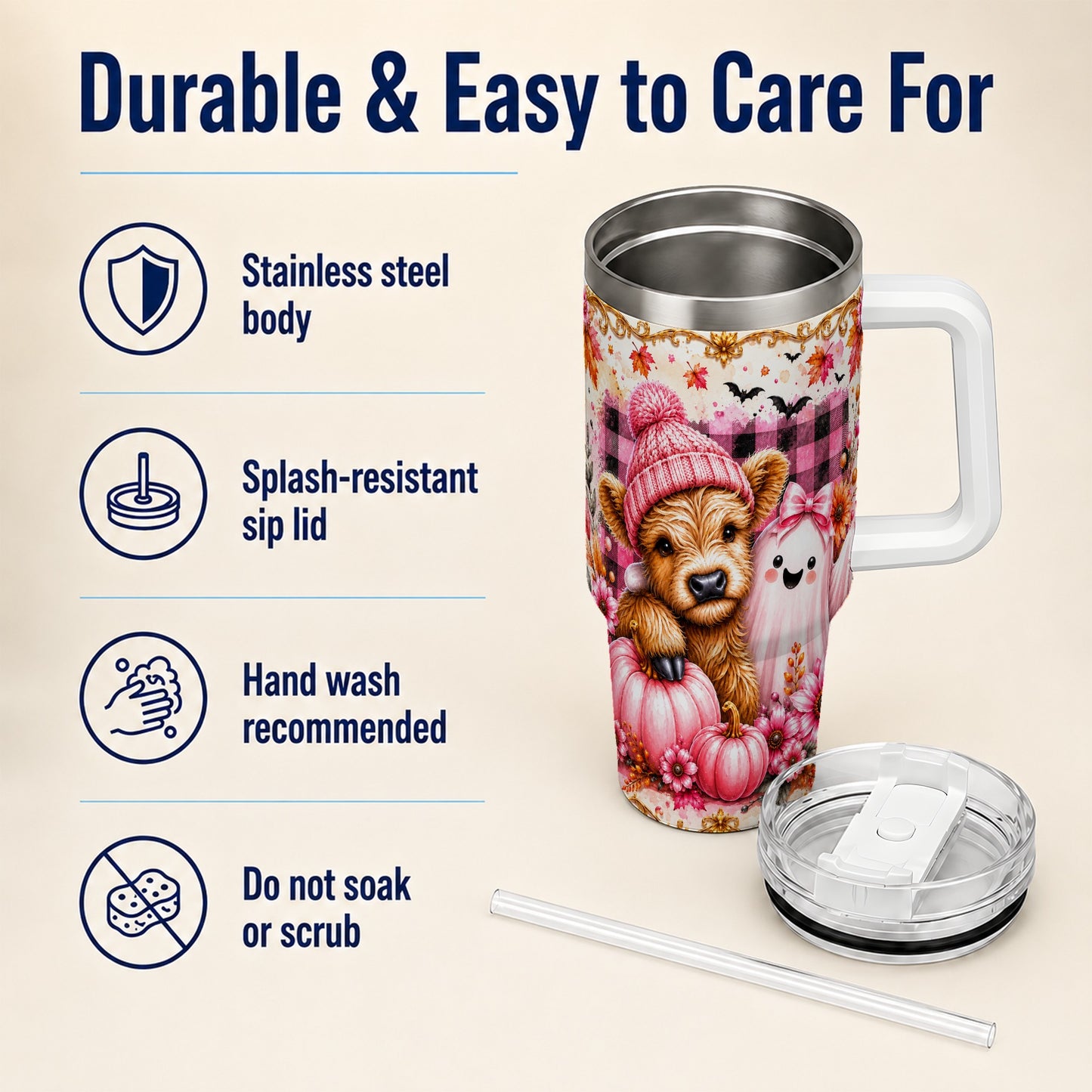 #pl[40oz|White] Highland Cow 40oz Tumbler with Handle, Fall Stainless Steel Travel Cup