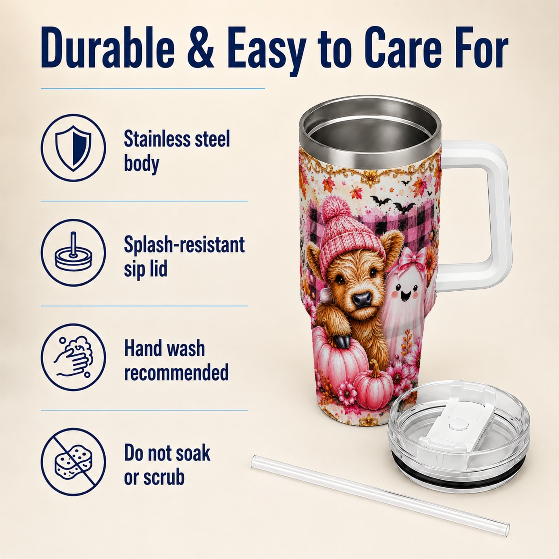 #pl[40oz|White] Highland Cow 40oz Tumbler with Handle, Fall Stainless Steel Travel Cup