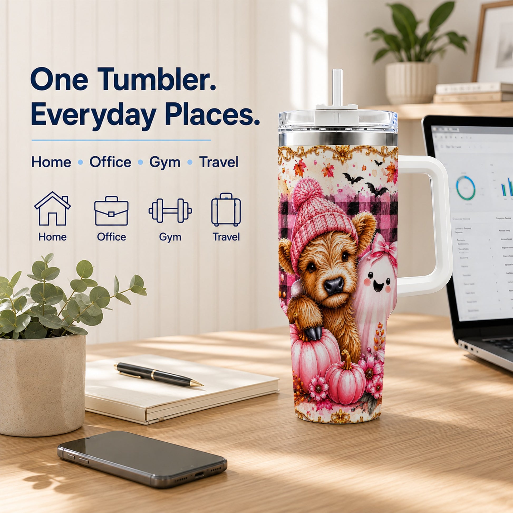 #pl[40oz|White] Highland Cow 40oz Tumbler with Handle, Fall Stainless Steel Travel Cup