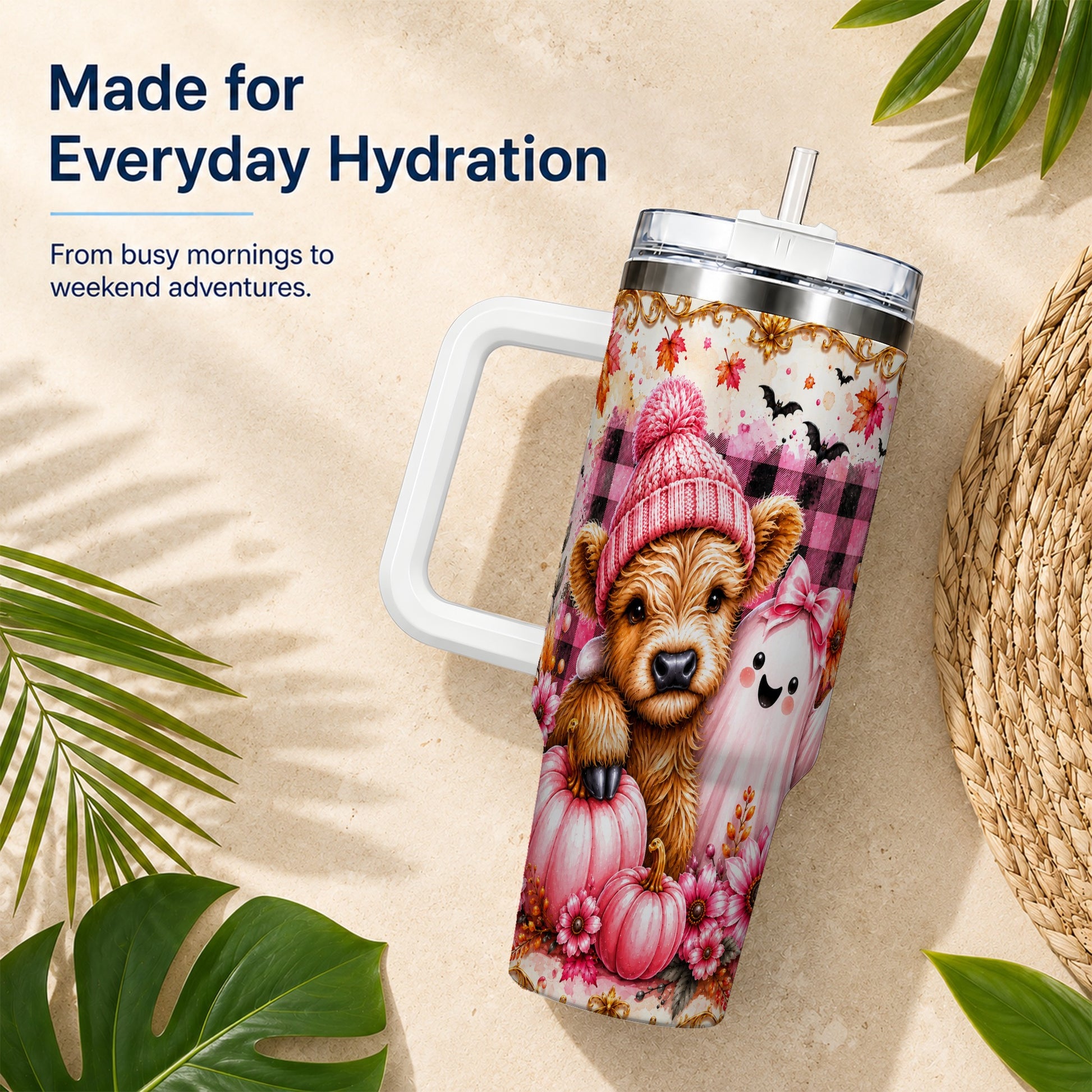 #pl[40oz|White] Highland Cow 40oz Tumbler with Handle, Fall Stainless Steel Travel Cup