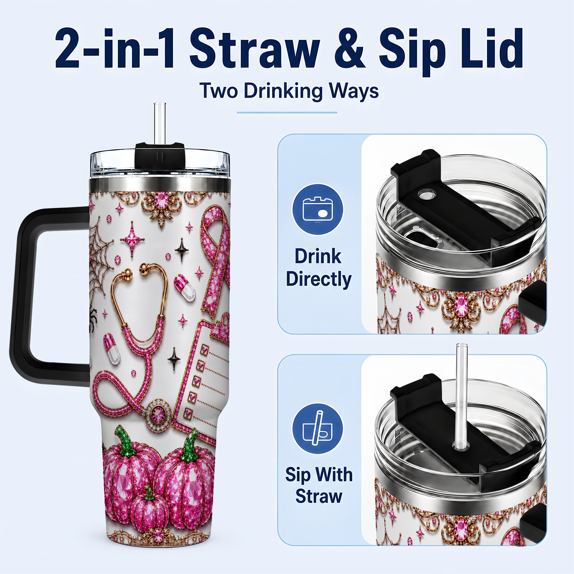 #pl[40oz|Black] Medical Halloween 40oz Tumbler with Handle, Stainless Steel Travel Cup