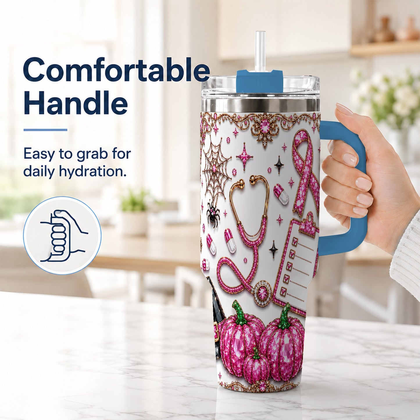 #pl[40oz|Blue] Medical Halloween 40oz Tumbler with Handle, Stainless Steel Travel Cup