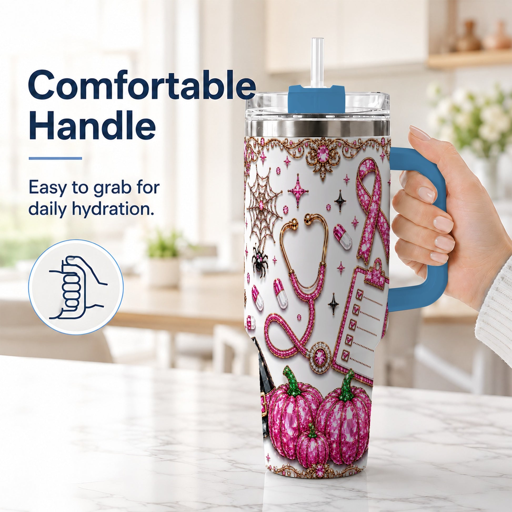 #pl[40oz|Blue] Medical Halloween 40oz Tumbler with Handle, Stainless Steel Travel Cup