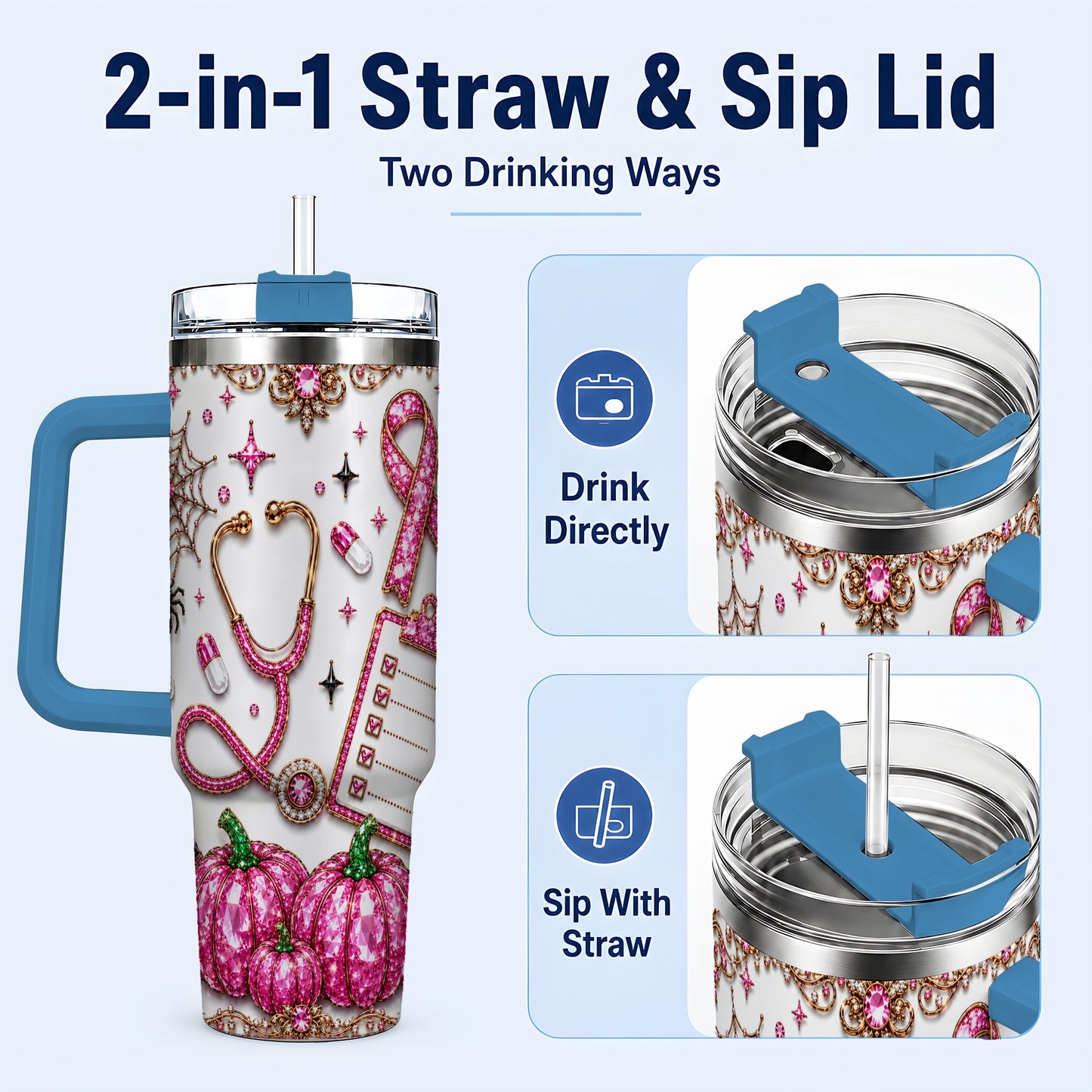 #pl[40oz|Blue] Medical Halloween 40oz Tumbler with Handle, Stainless Steel Travel Cup