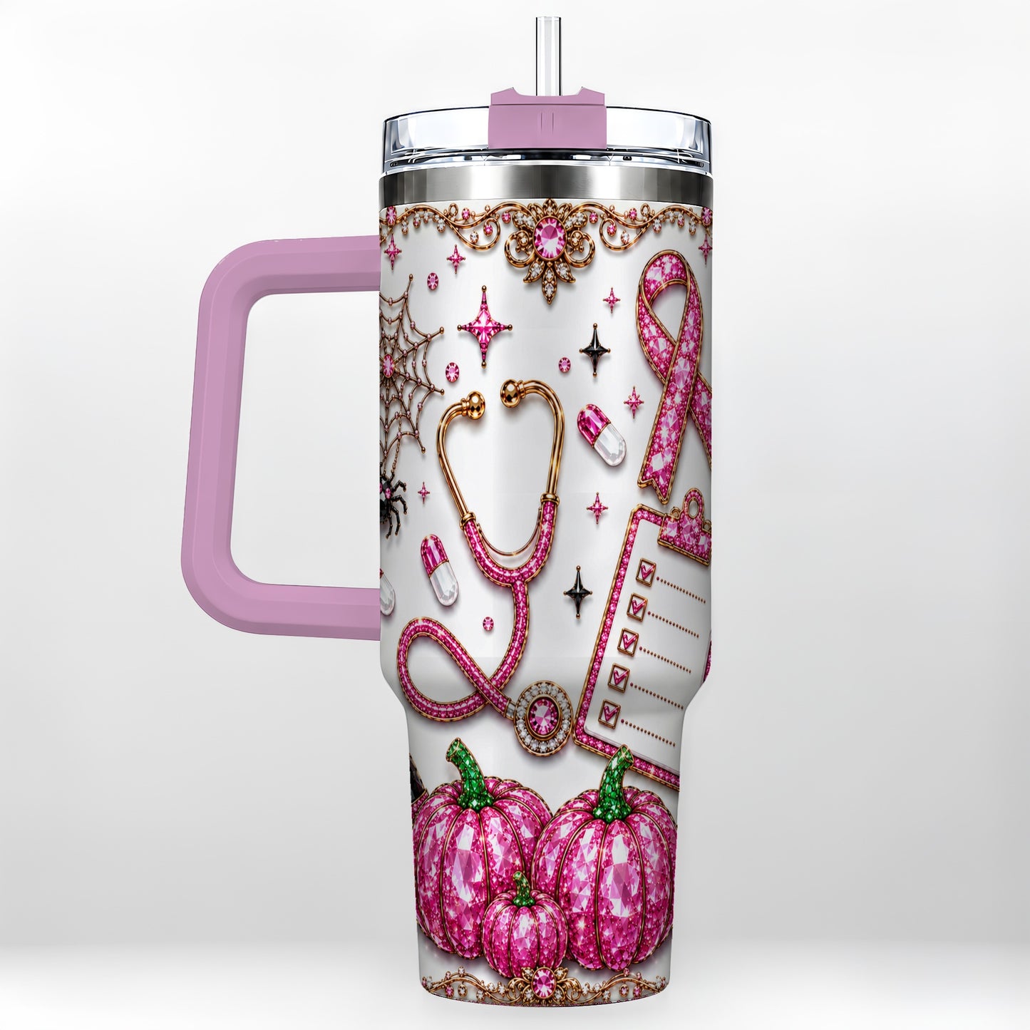 #pl[40oz|Pink] Medical Halloween 40oz Tumbler with Handle, Stainless Steel Travel Cup