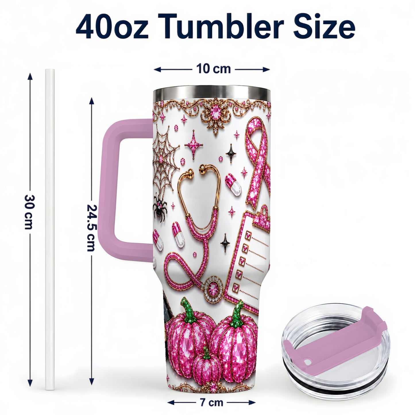 #pl[40oz|Pink] Medical Halloween 40oz Tumbler with Handle, Stainless Steel Travel Cup