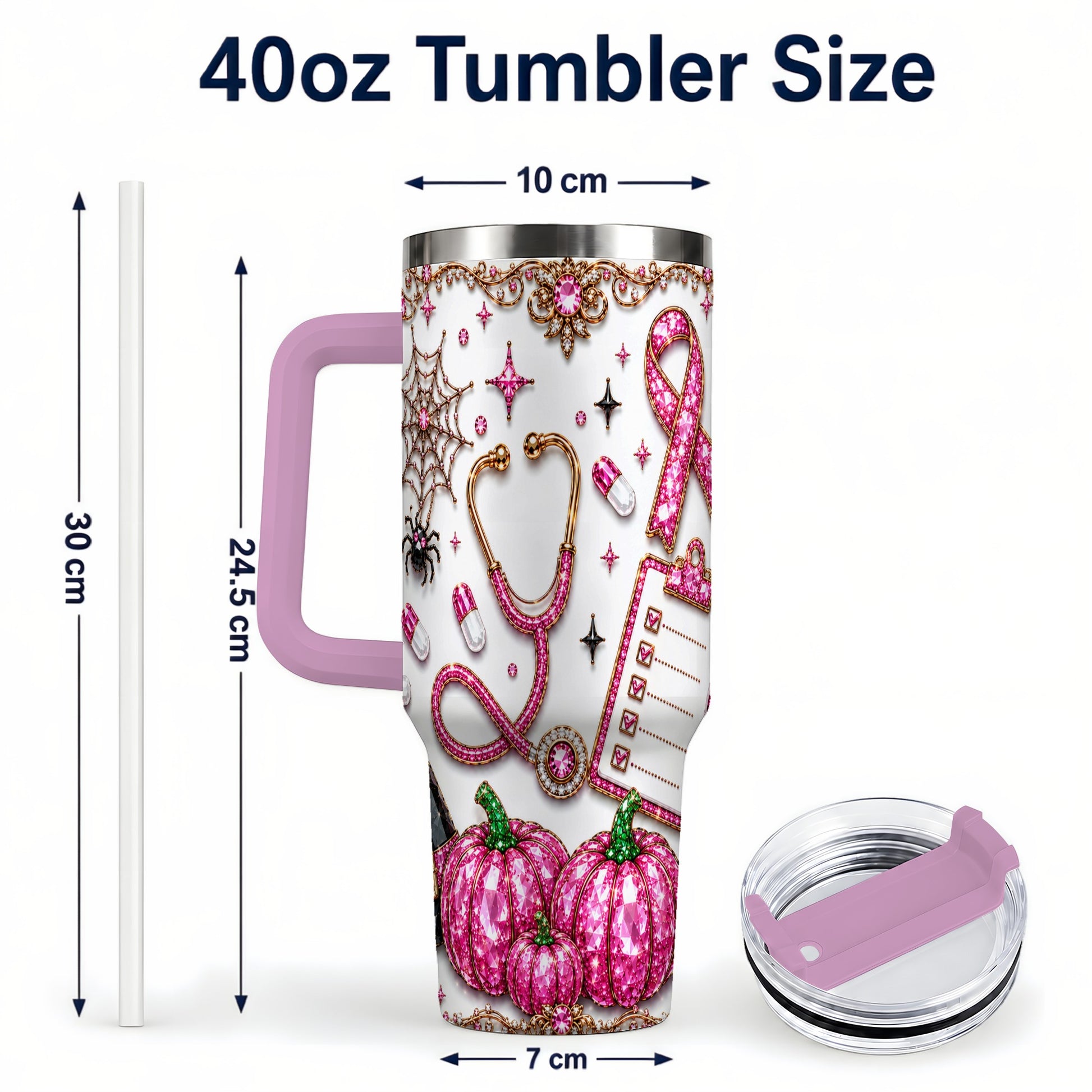 #pl[40oz|Pink] Medical Halloween 40oz Tumbler with Handle, Stainless Steel Travel Cup