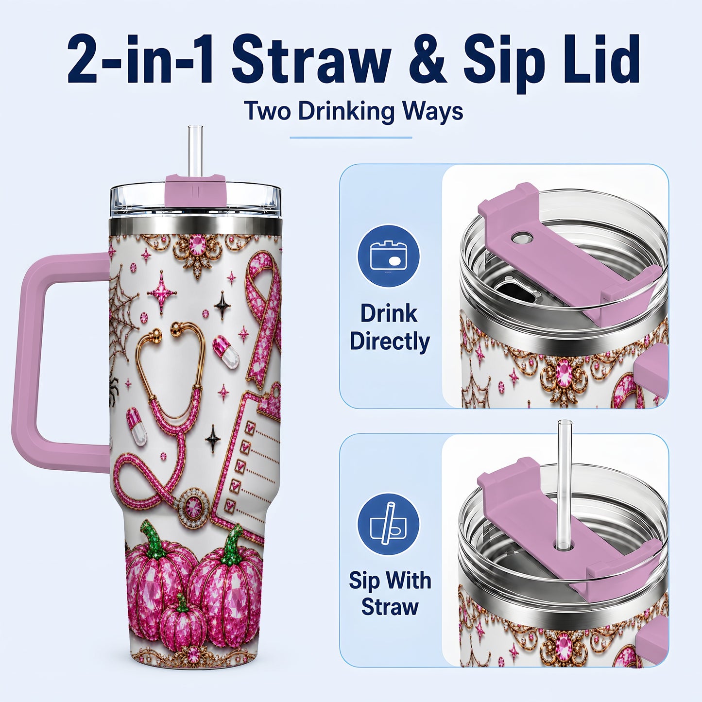 #pl[40oz|Pink] Medical Halloween 40oz Tumbler with Handle, Stainless Steel Travel Cup