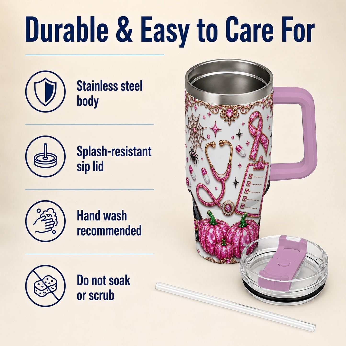 #pl[40oz|Pink] Medical Halloween 40oz Tumbler with Handle, Stainless Steel Travel Cup