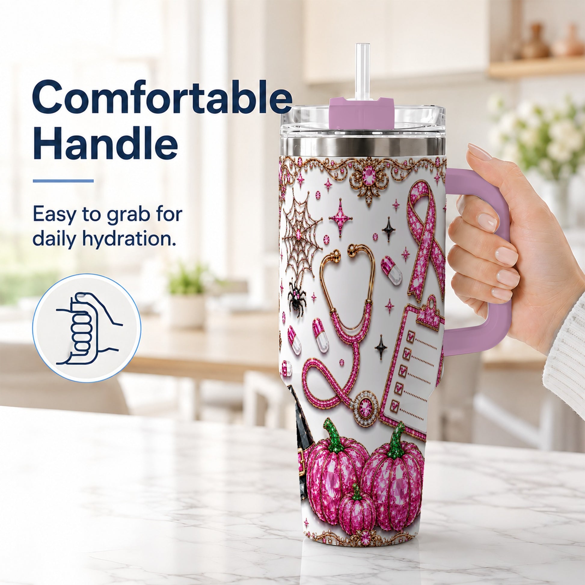 #pl[40oz|Pink] Medical Halloween 40oz Tumbler with Handle, Stainless Steel Travel Cup