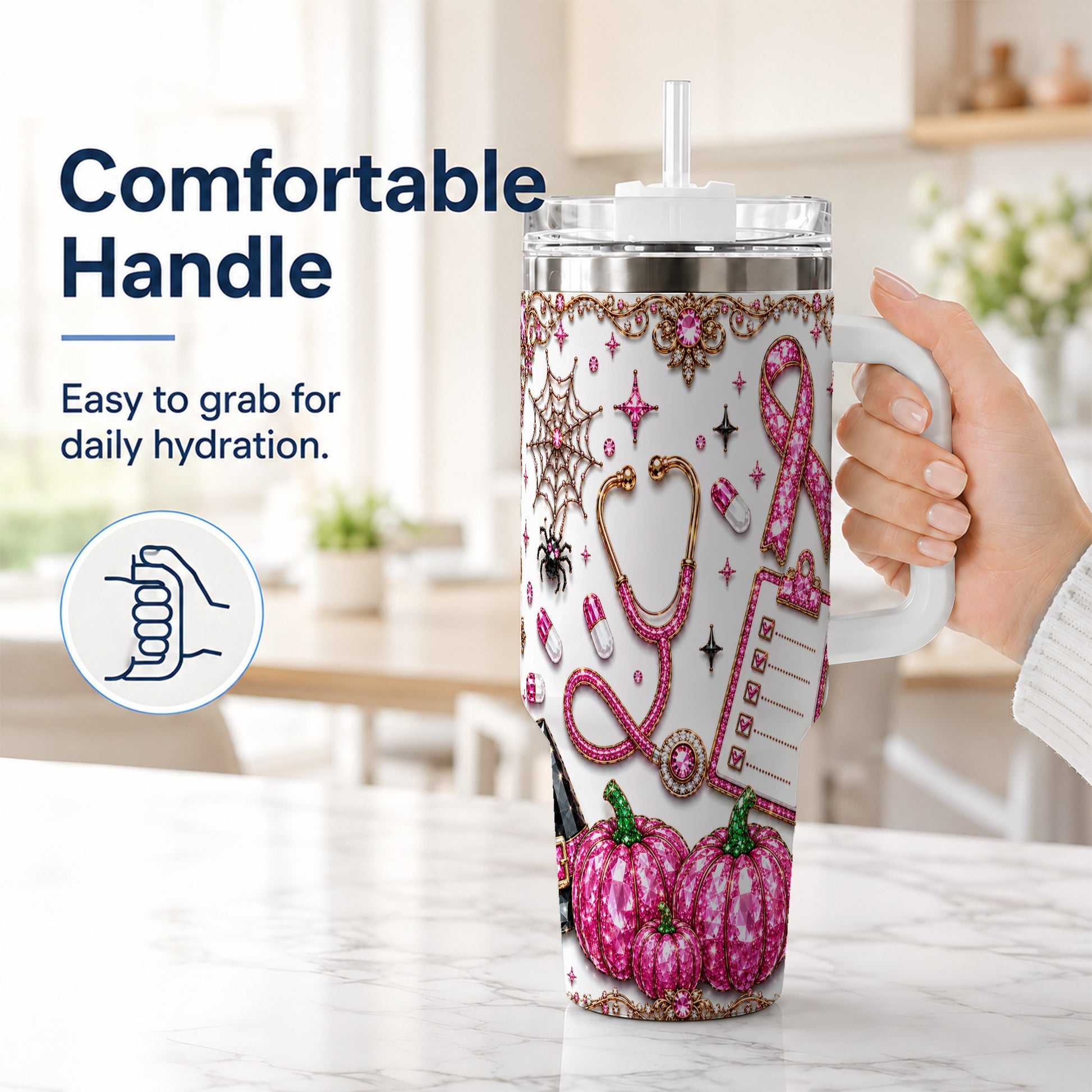 #pl[40oz|White] Medical Halloween 40oz Tumbler with Handle, Stainless Steel Travel Cup