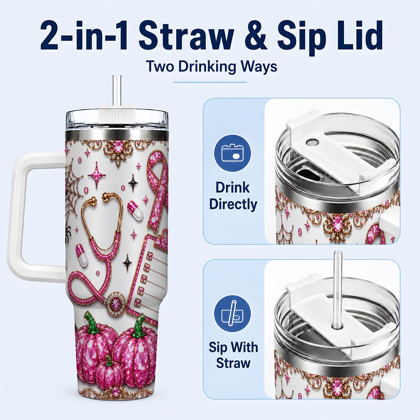 #pl[40oz|White] Medical Halloween 40oz Tumbler with Handle, Stainless Steel Travel Cup