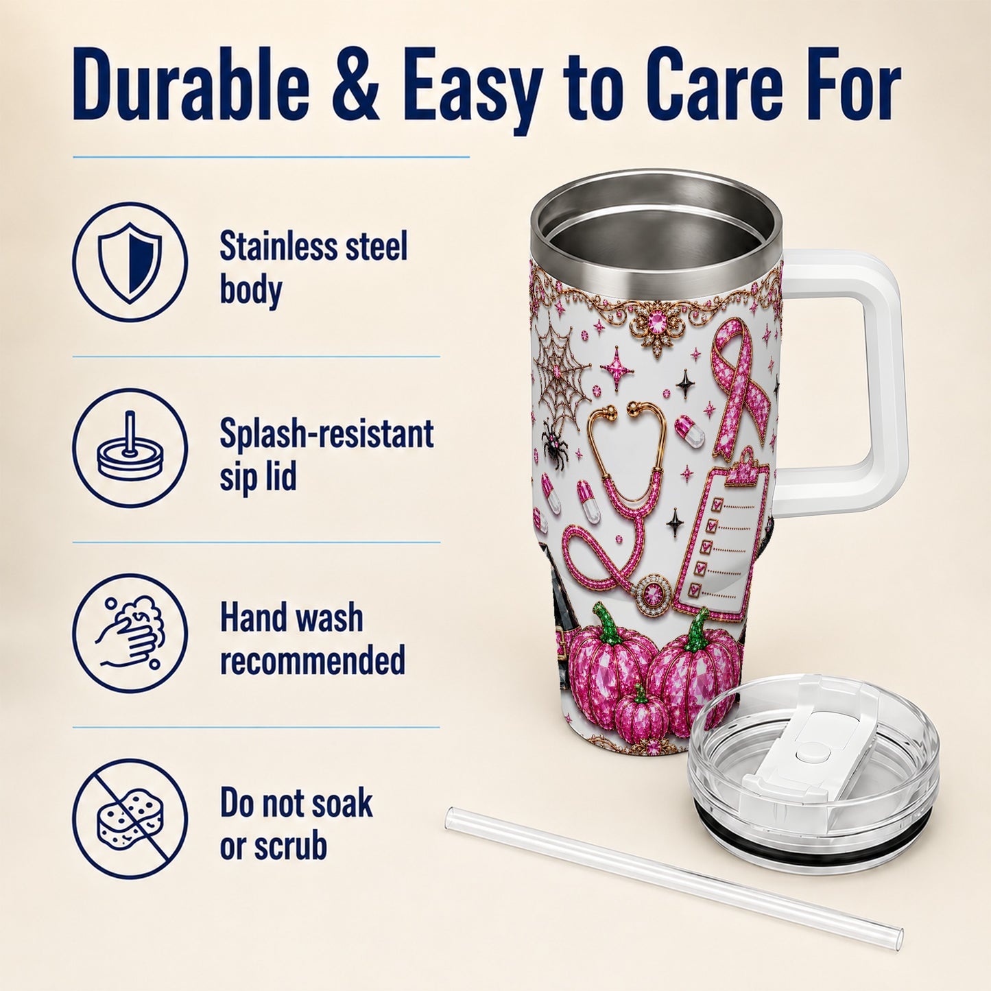 #pl[40oz|White] Medical Halloween 40oz Tumbler with Handle, Stainless Steel Travel Cup