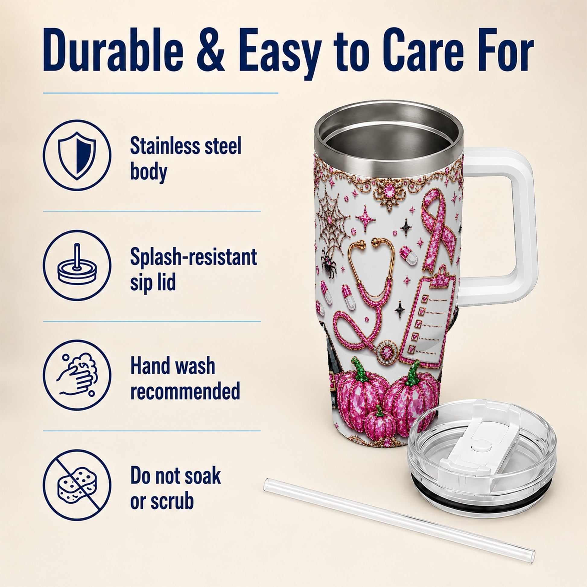 #pl[40oz|White] Medical Halloween 40oz Tumbler with Handle, Stainless Steel Travel Cup