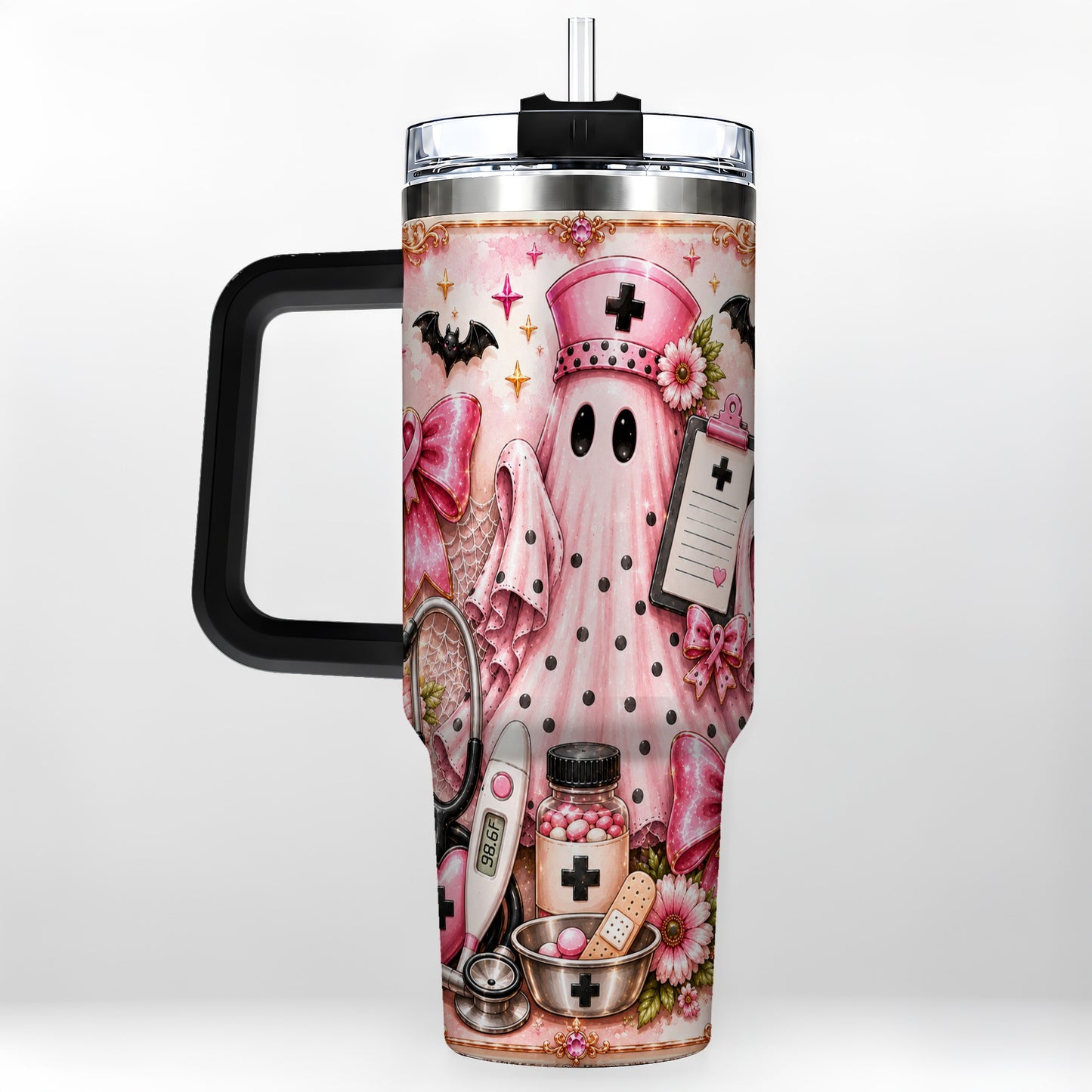 #pl[40oz|Black] Nurse Ghost 40oz Tumbler with Handle, Halloween Medical Theme