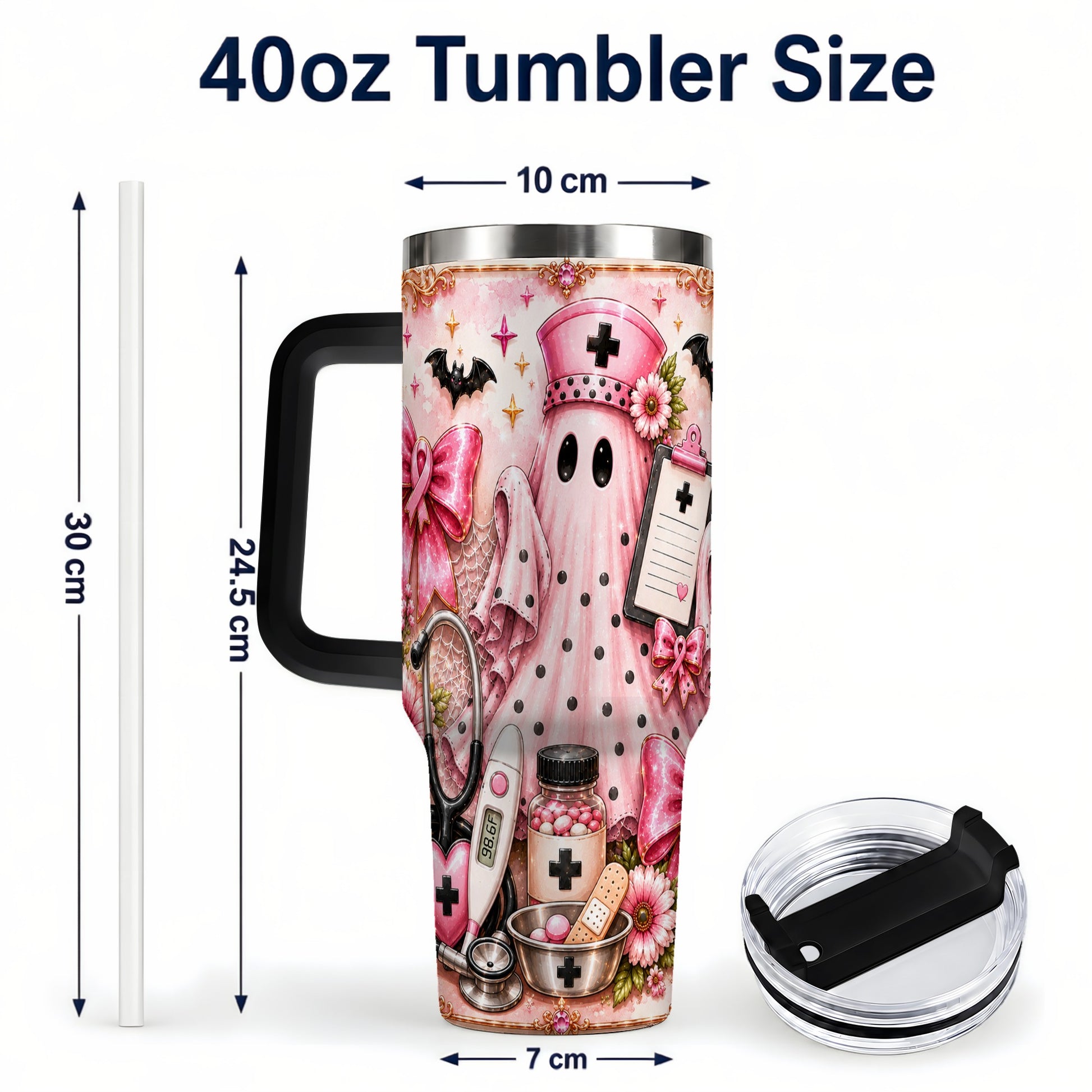 #pl[40oz|Black] Nurse Ghost 40oz Tumbler with Handle, Halloween Medical Theme