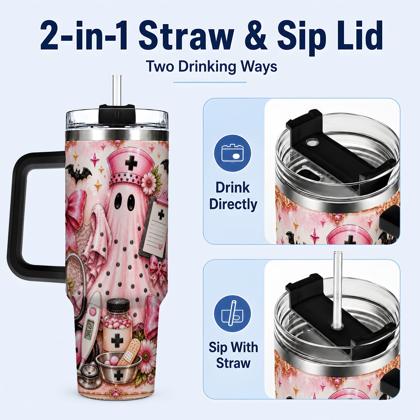 #pl[40oz|Black] Nurse Ghost 40oz Tumbler with Handle, Halloween Medical Theme