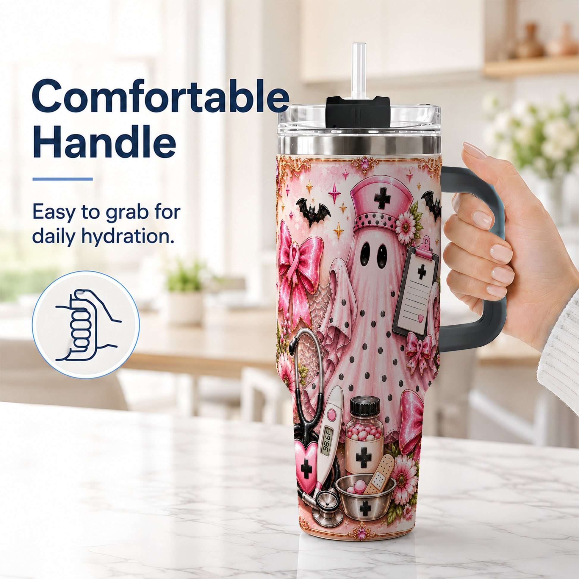#pl[40oz|Black] Nurse Ghost 40oz Tumbler with Handle, Halloween Medical Theme