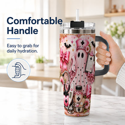 #pl[40oz|Black] Nurse Ghost 40oz Tumbler with Handle, Halloween Medical Theme