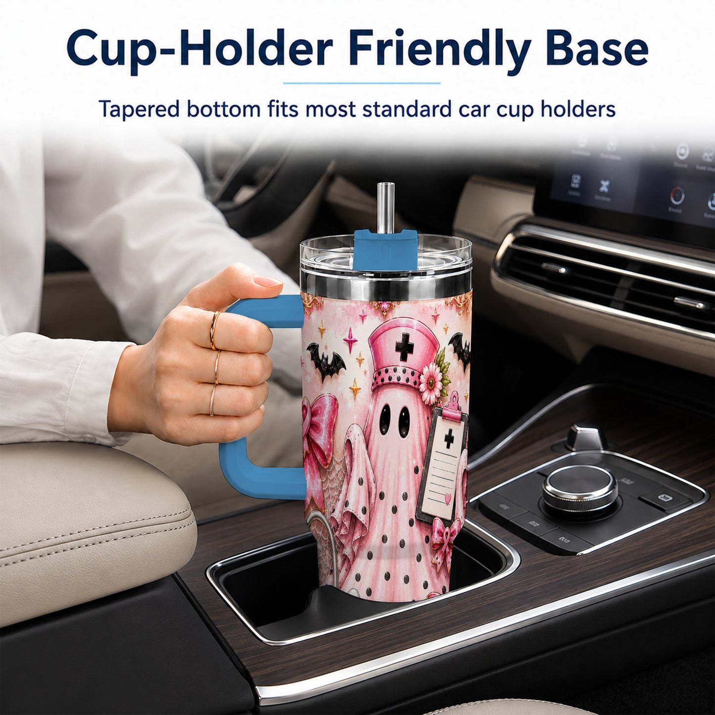 #pl[40oz|Blue] Nurse Ghost 40oz Tumbler with Handle, Halloween Medical Theme