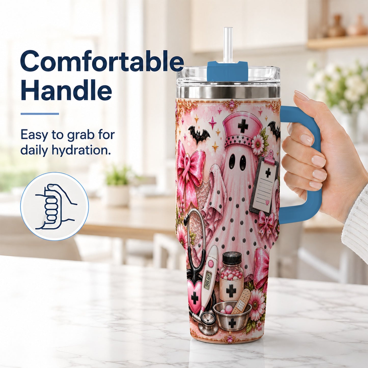 #pl[40oz|Blue] Nurse Ghost 40oz Tumbler with Handle, Halloween Medical Theme
